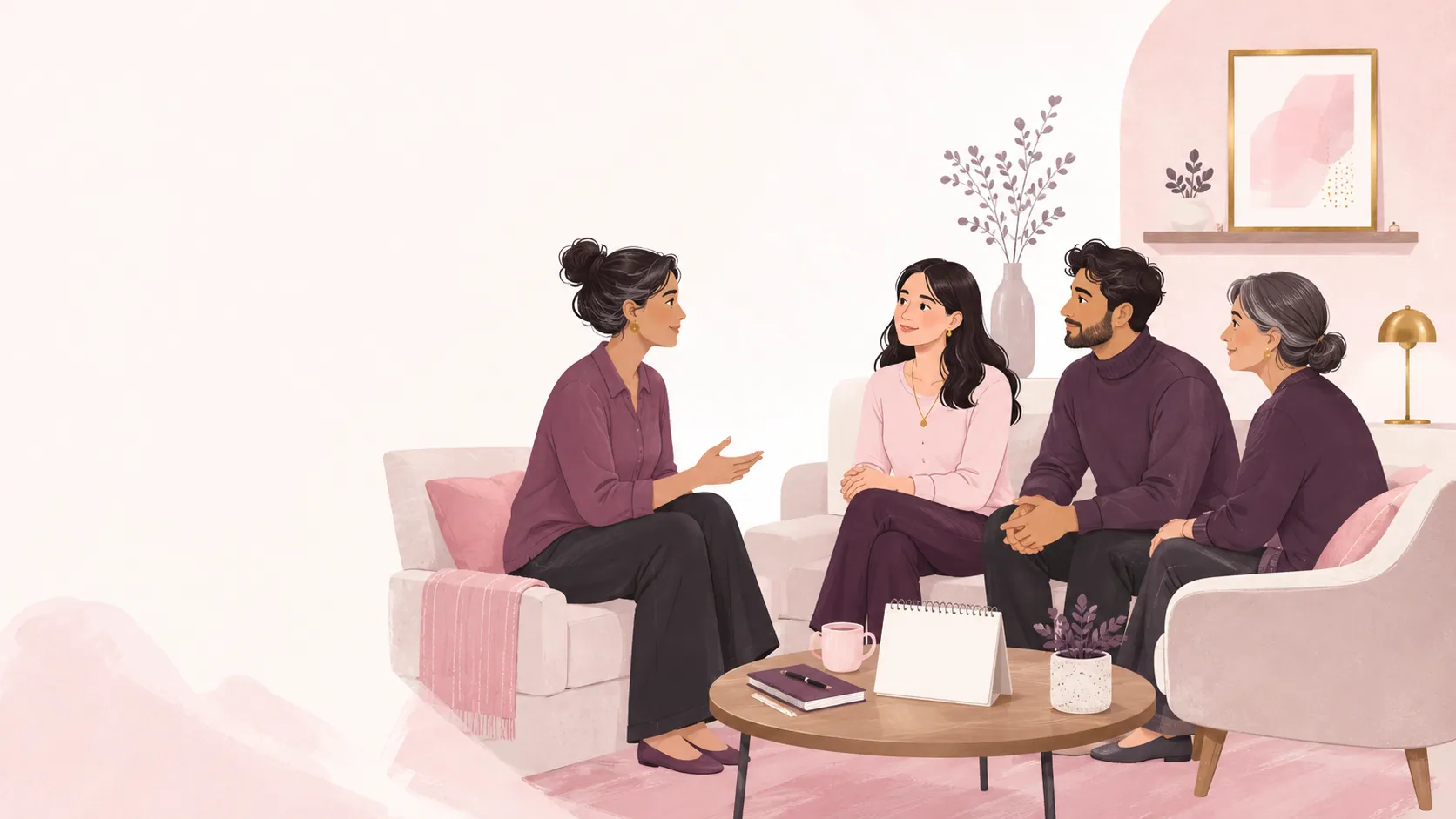 Persona adulta acompañando a una familia en una conversación tranquila
