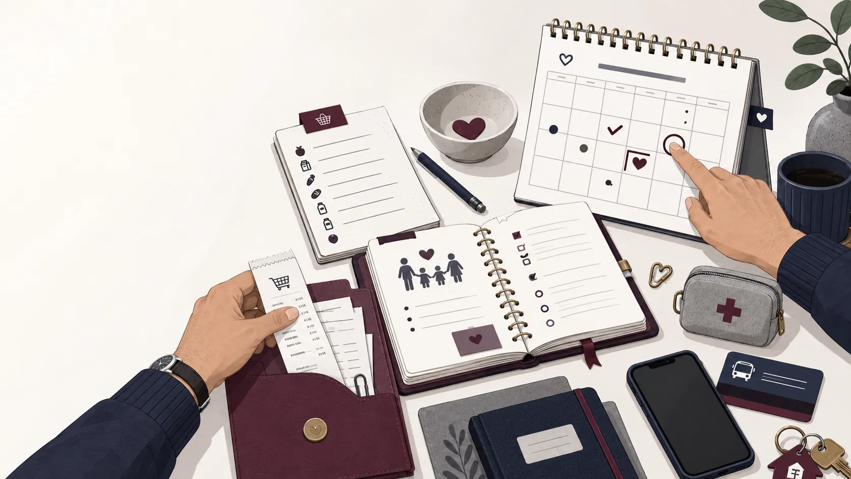 Mesa con presupuesto familiar y materiales de organización cotidiana