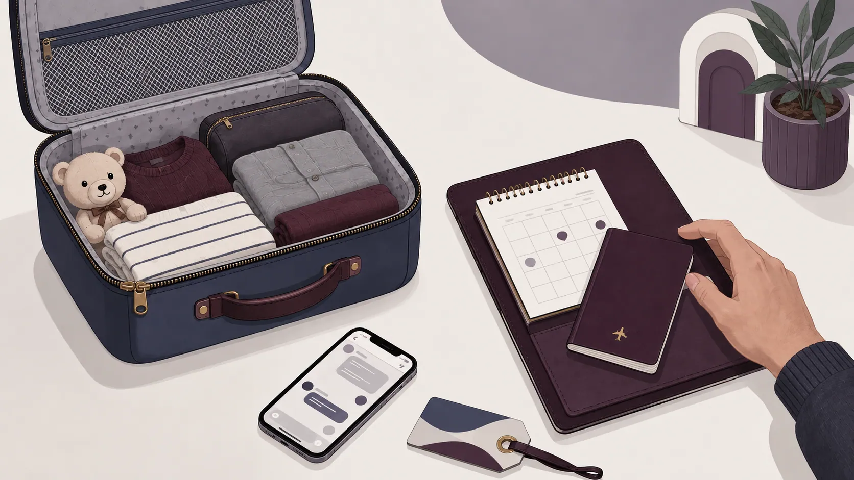 Documentos de viaje y agenda familiar preparados con orden